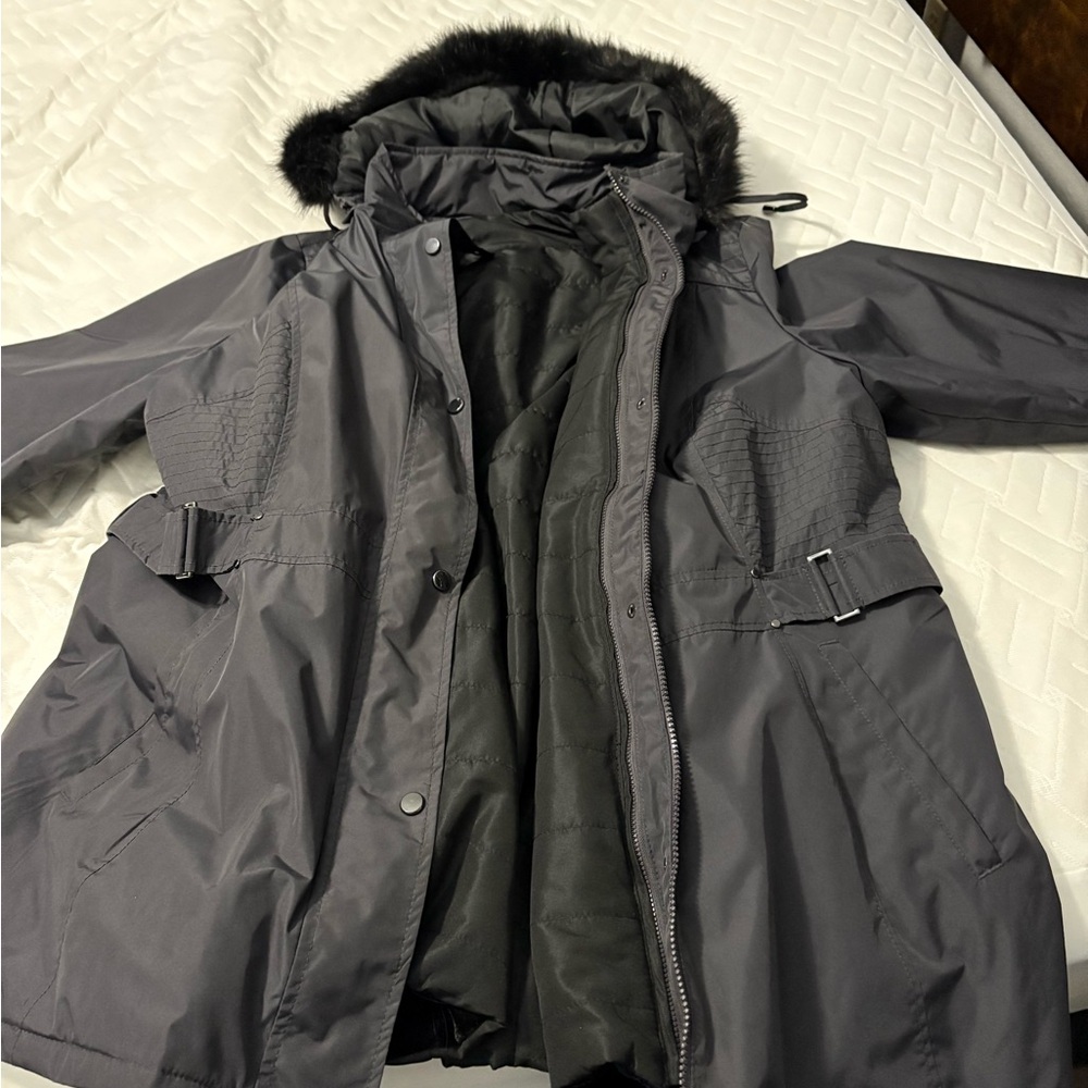 Susan Graver designer coat, black. With removable hood & inner lining.